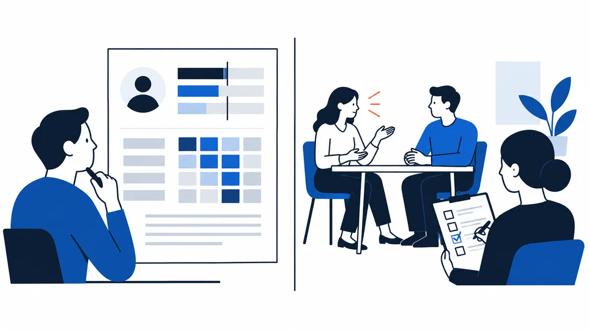 Illustration showing a person viewing a report with bars and a grid, beside two people talking at a table while another person marks a checklist.