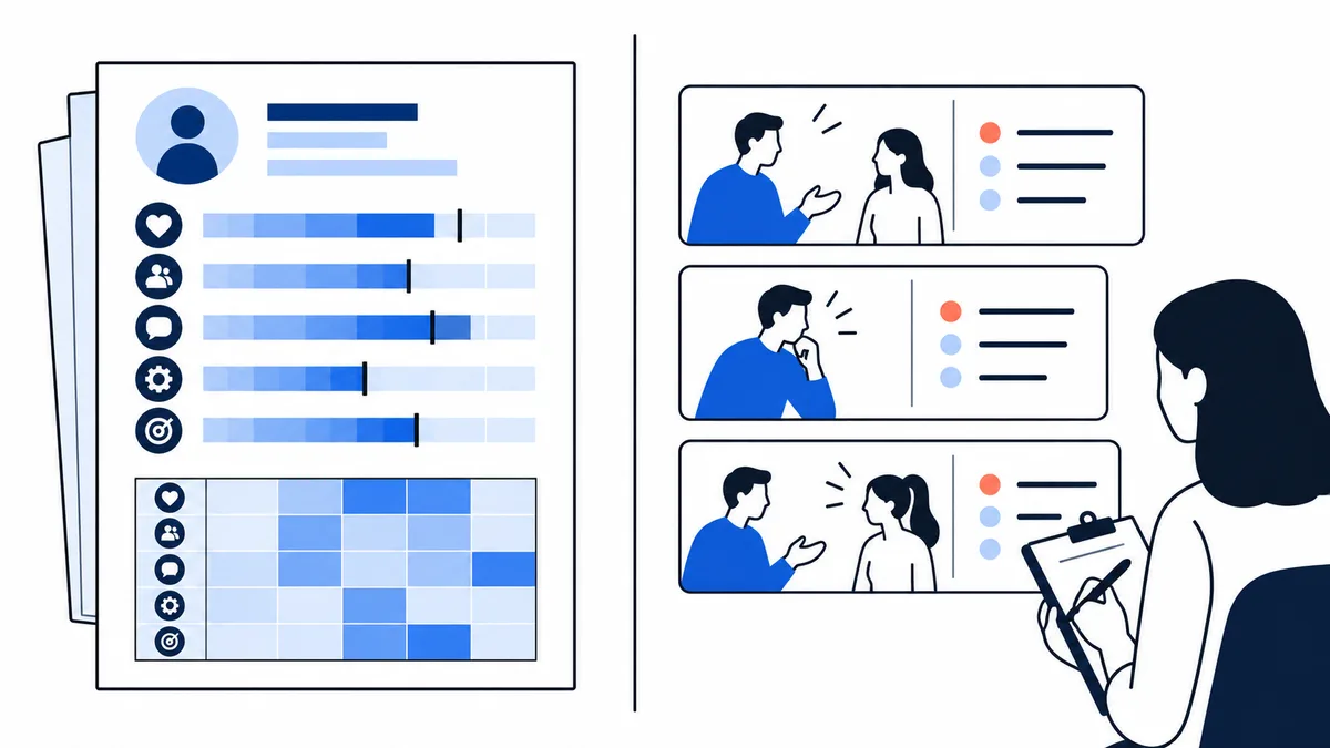 Illustration showing a report with horizontal bars and a blue grid beside three framed conversation scenes and a person holding a clipboard.