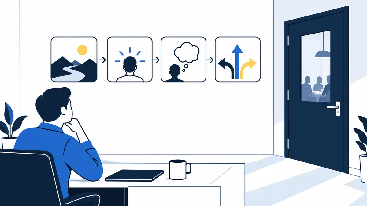 A seated figure faces four linked panels showing a landscape, a head with radiating marks, a thought cloud and two diverging arrows; several figures appear through an open doorway beside the desk.