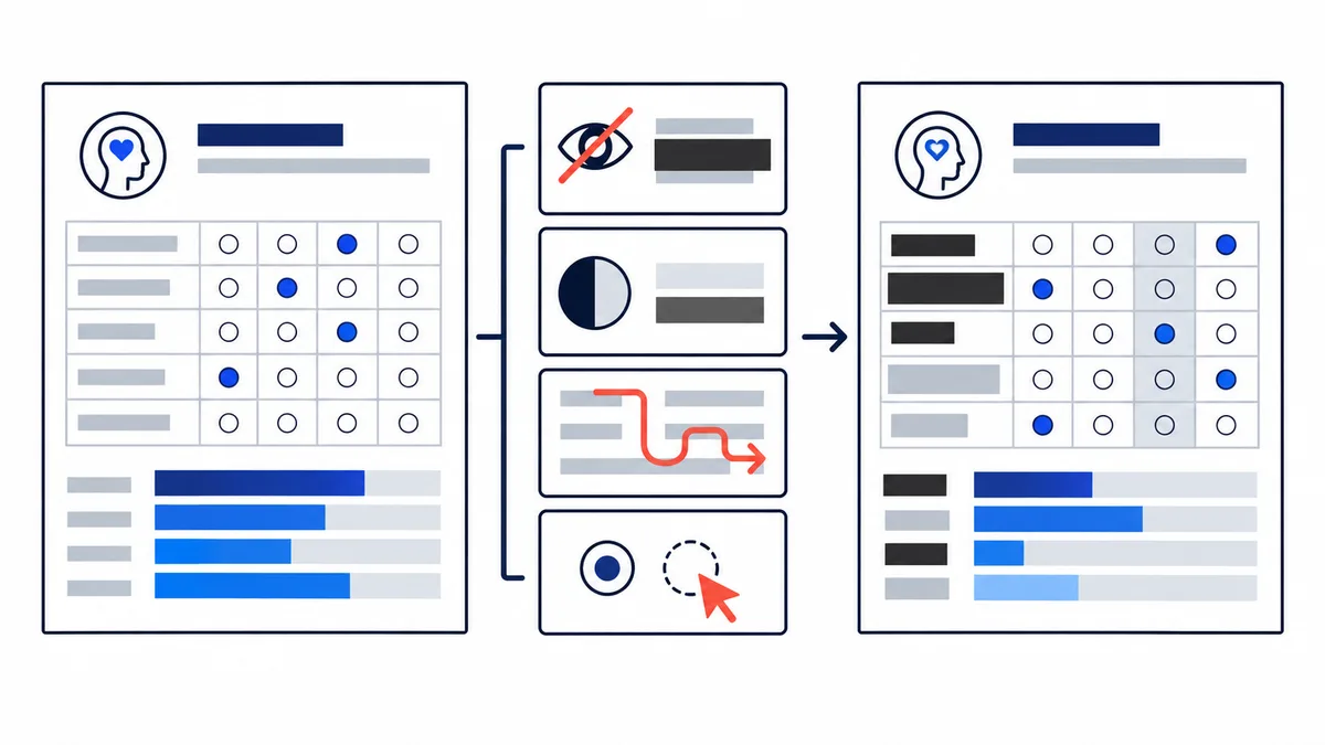 Three-panel illustration showing a form-like grid, a middle column of an eye with a slash, a pie chart, a rerouted line, and a cursor, followed by a second grid and bar chart.