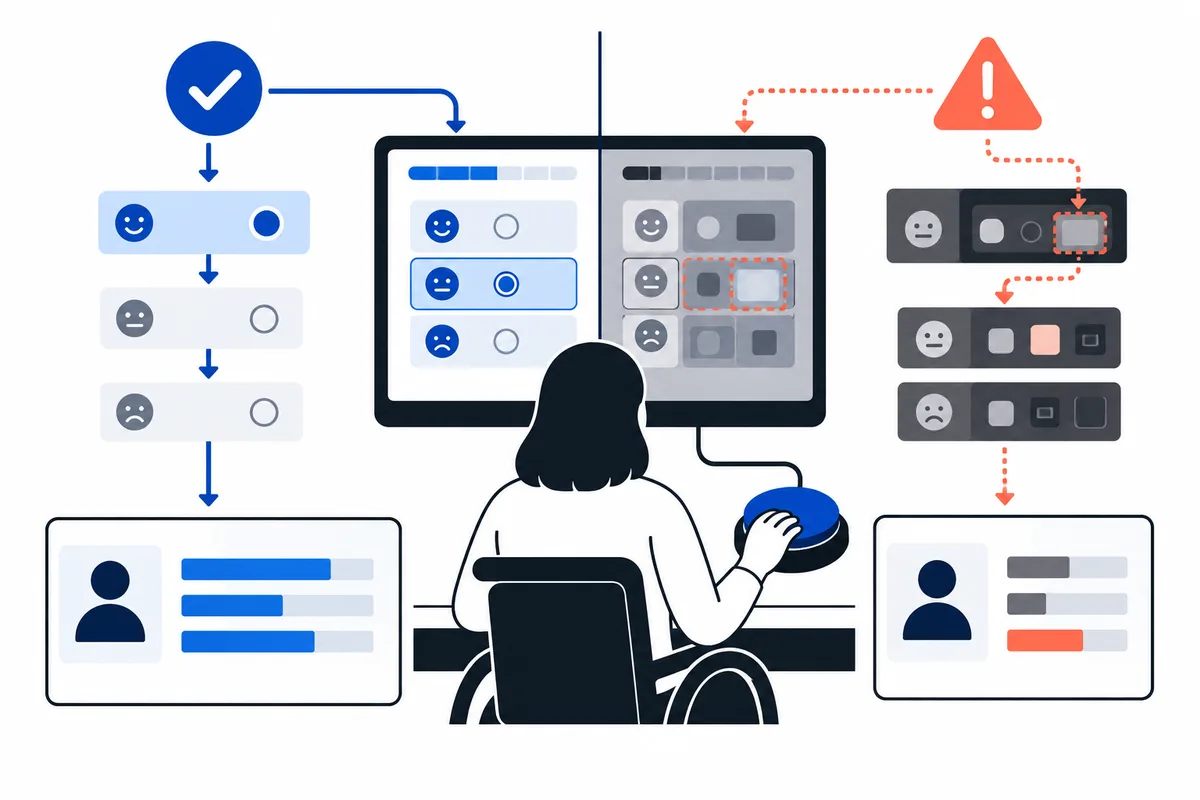 Illustration of a person seated at a computer using a round control, with facial-response rows on the left, a split blue-and-gray screen in the center, and warning-marked controls and profile cards on the right.