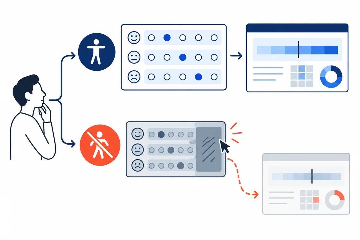 Illustration of a thinking person beside two branching paths: one leads through a person-access icon to a blue response grid and report, while the other leads through a crossed-out person icon to a muted grid and faded report.