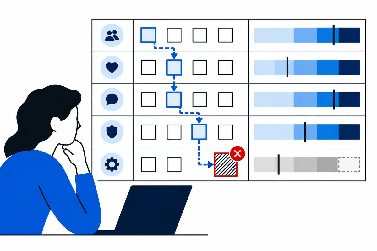 Illustration of a person looking at a laptop beside a grid of icon rows and boxes, with a blue dashed path ending at a striped box marked with a red X and horizontal blue-gray bars.
