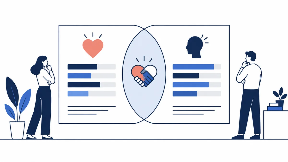 Overlapping outlined panels show a heart and a head above colored bars, with a handshake in the center; two people stand at either side.