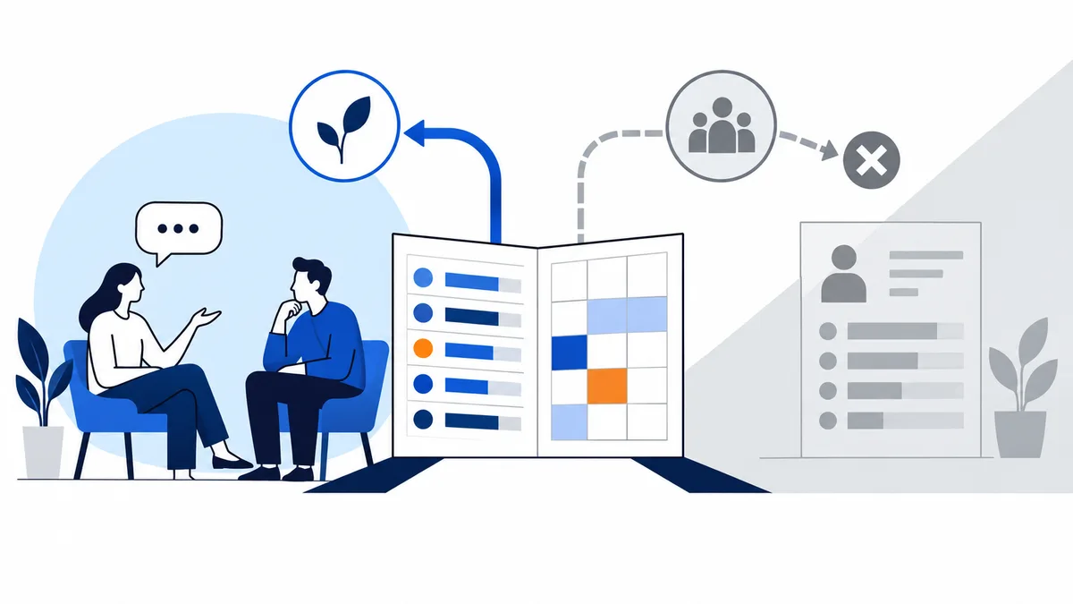 Two seated people talk beside an open booklet with colored bars and a grid. A blue arrow points to a sprouting plant, while a gray group icon leads to an X and a faded profile card.