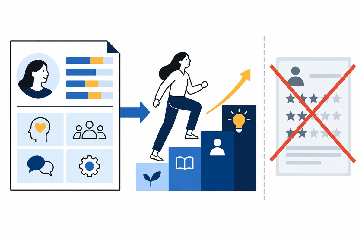 A profile document with colored bars and four icons points toward a person climbing blue steps marked with a plant, book, and lightbulb. A star-rating card on the right is crossed out in red.