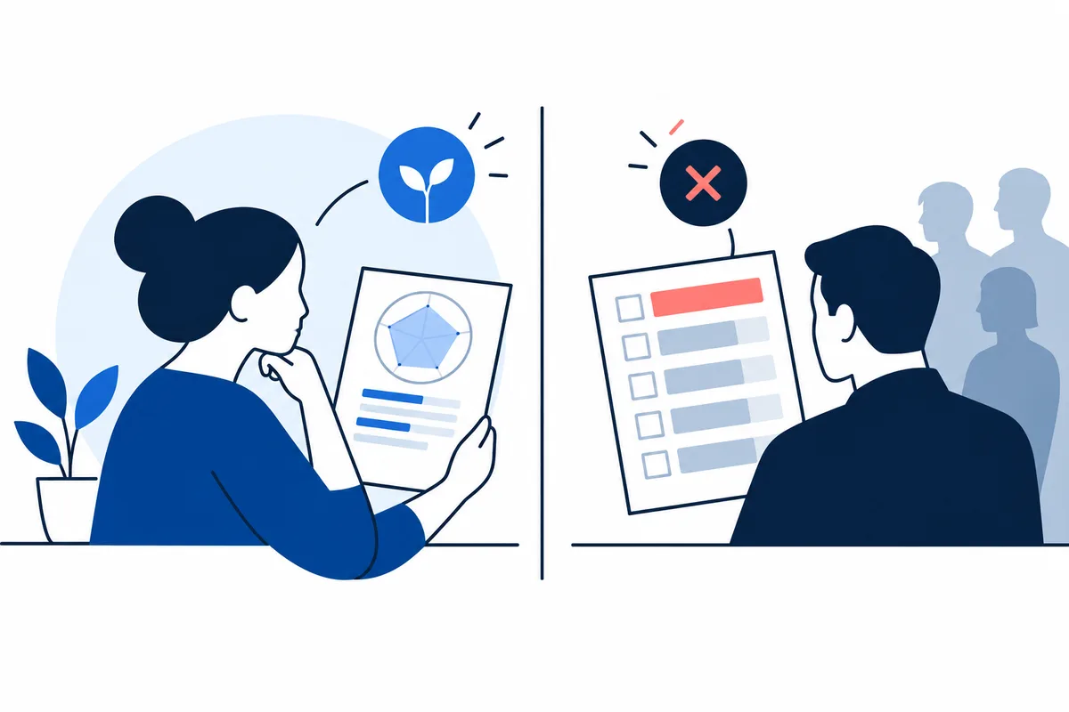 A split illustration shows one person studying a sheet with a blue polygon chart and a sprout icon, and another person holding a checklist beneath an X, with pale figures in the background.