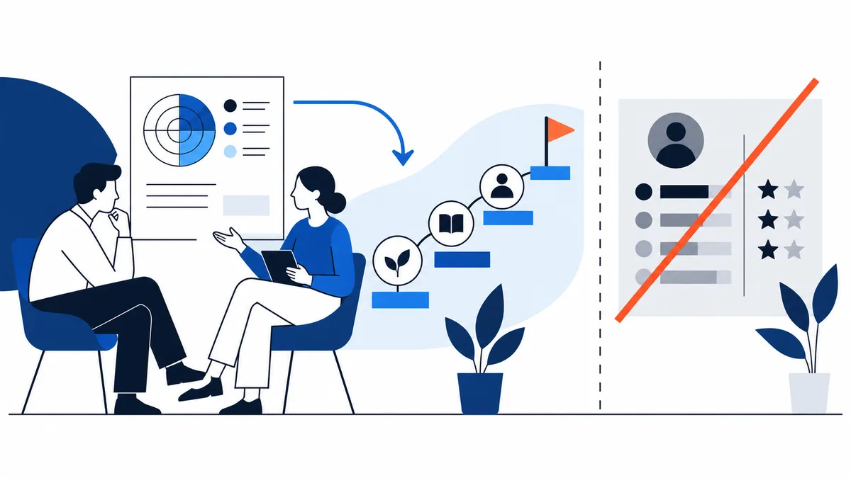 Two people discuss a chart document as an arrow leads toward a rising path with plant, book, and profile icons ending at a flag. A profile-and-star card beside it is crossed out in red.