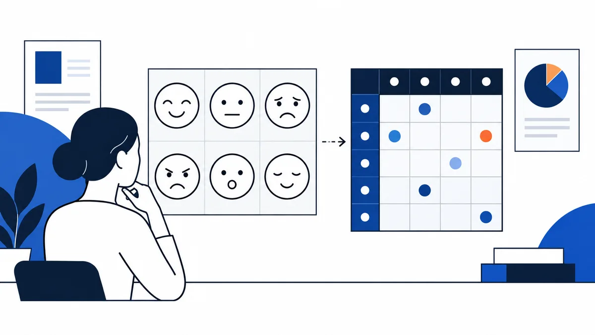 Line illustration of a person at a desk viewing six simple facial expressions beside a grid of colored dots, with small report and pie-chart panels around them.