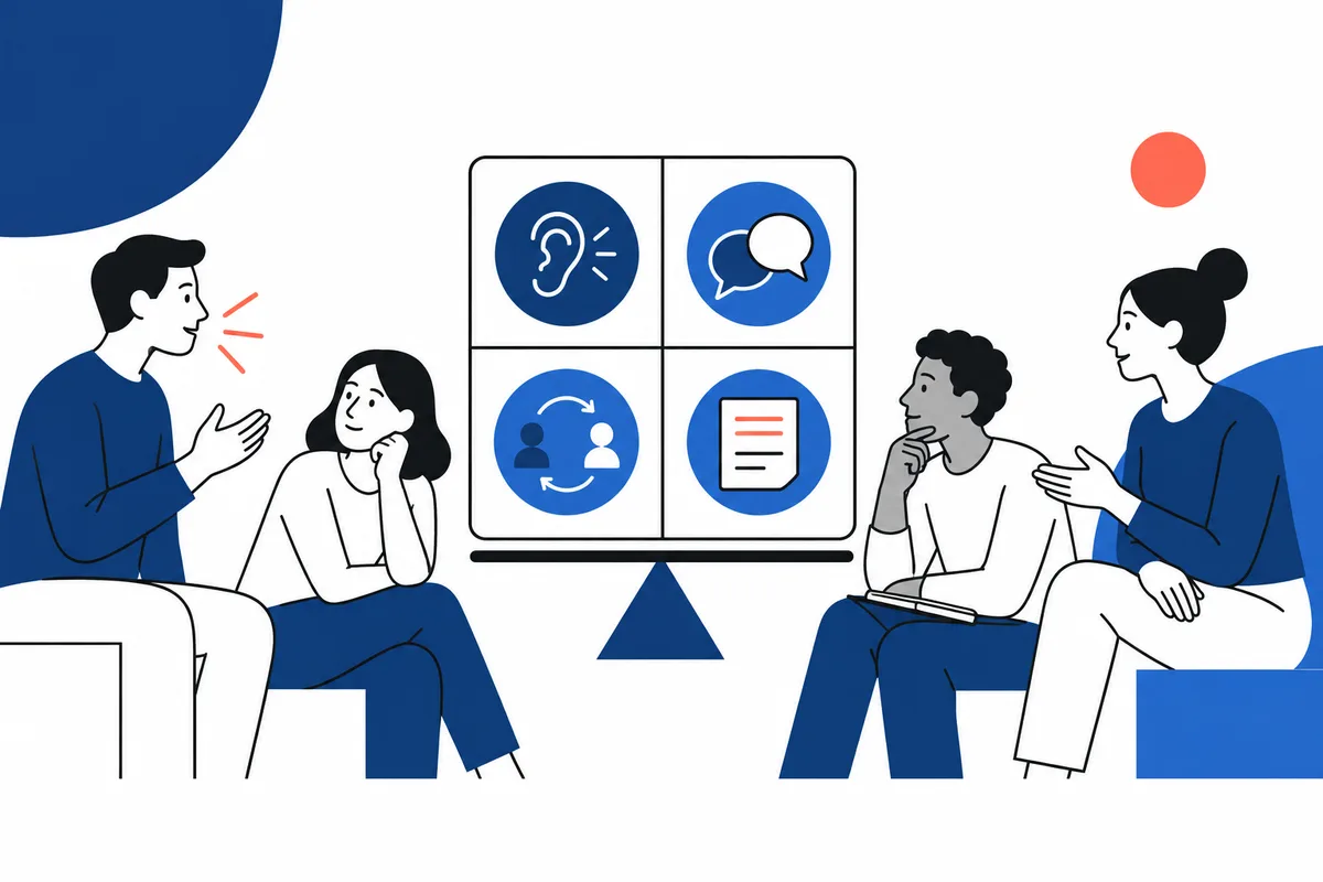 Illustration of seated figures facing each other across a four-panel board showing an ear, speech bubbles, two people, and a document.
