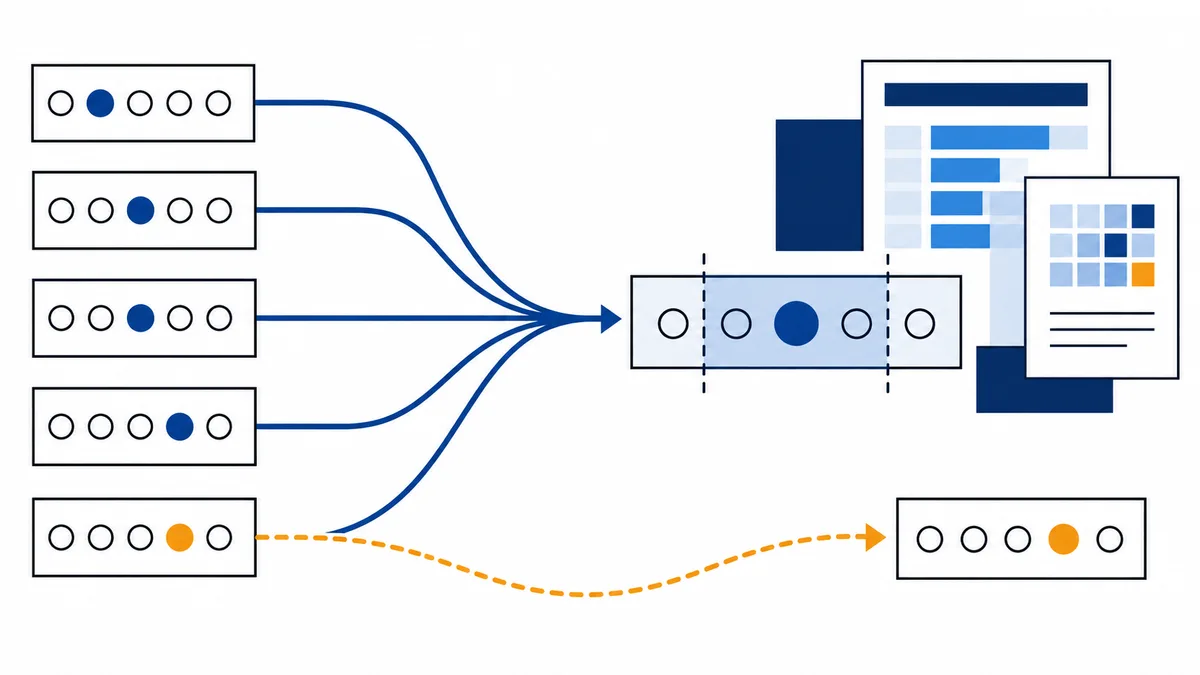 Five rows of outlined circles, each with one filled circle, connect by blue lines to a central row of circles. A dashed orange line leads from the bottom row to a separate row at right. Behind them are blue and white report panels with bars and a small grid.