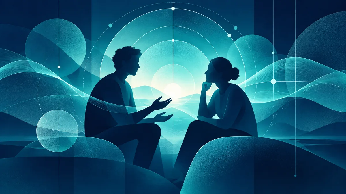 Two silhouetted people face each other, one gesturing while the other rests a hand on their chin, amid glowing waves, circles, and arcs in blue and teal tones.