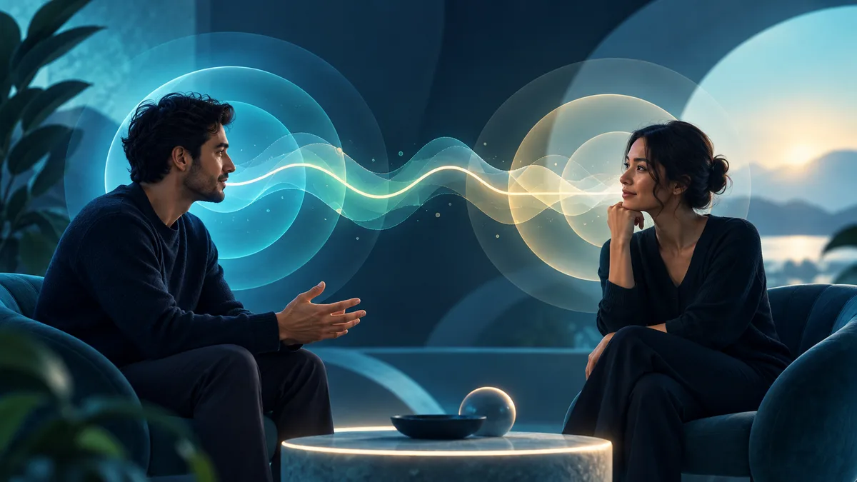 Two people sit facing each other with a glowing ribbon between them; a small bowl and glass sphere sit on a table in the foreground.