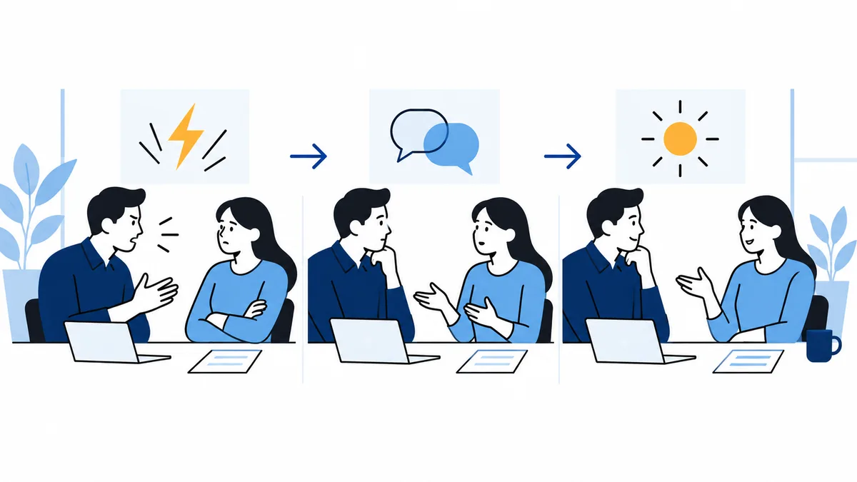 Three panels show a man and woman seated at a table with a laptop and papers. The first shows the man gesturing as the woman sits with crossed arms; speech bubbles appear in the middle panel, and both smile and talk in the last. A lightning bolt, arrows, and a sun appear above the panels.