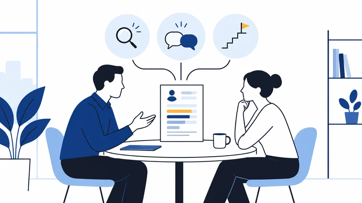 Flat illustration of two people seated across a round table, discussing a document. Three circles above them show a magnifying glass, speech bubbles, and a staircase with a flag.