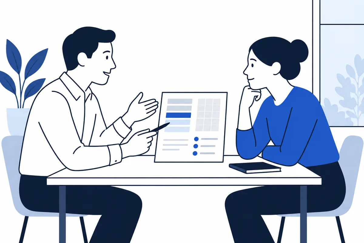 Flat illustration of two people seated at a table while one points to a report with colored bars and a grid. A notebook rests beside the other person.