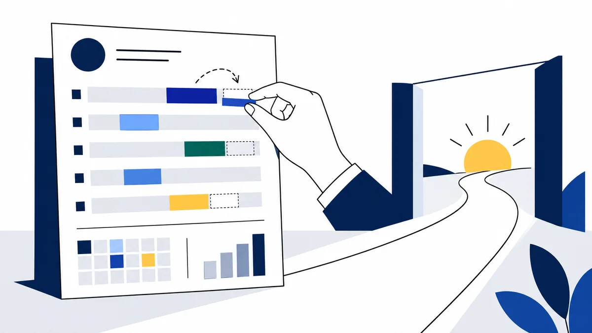 Flat illustration of a hand moving a blue block on a paper with colored bars and small charts, beside a winding path leading through an open doorway toward a yellow sun.