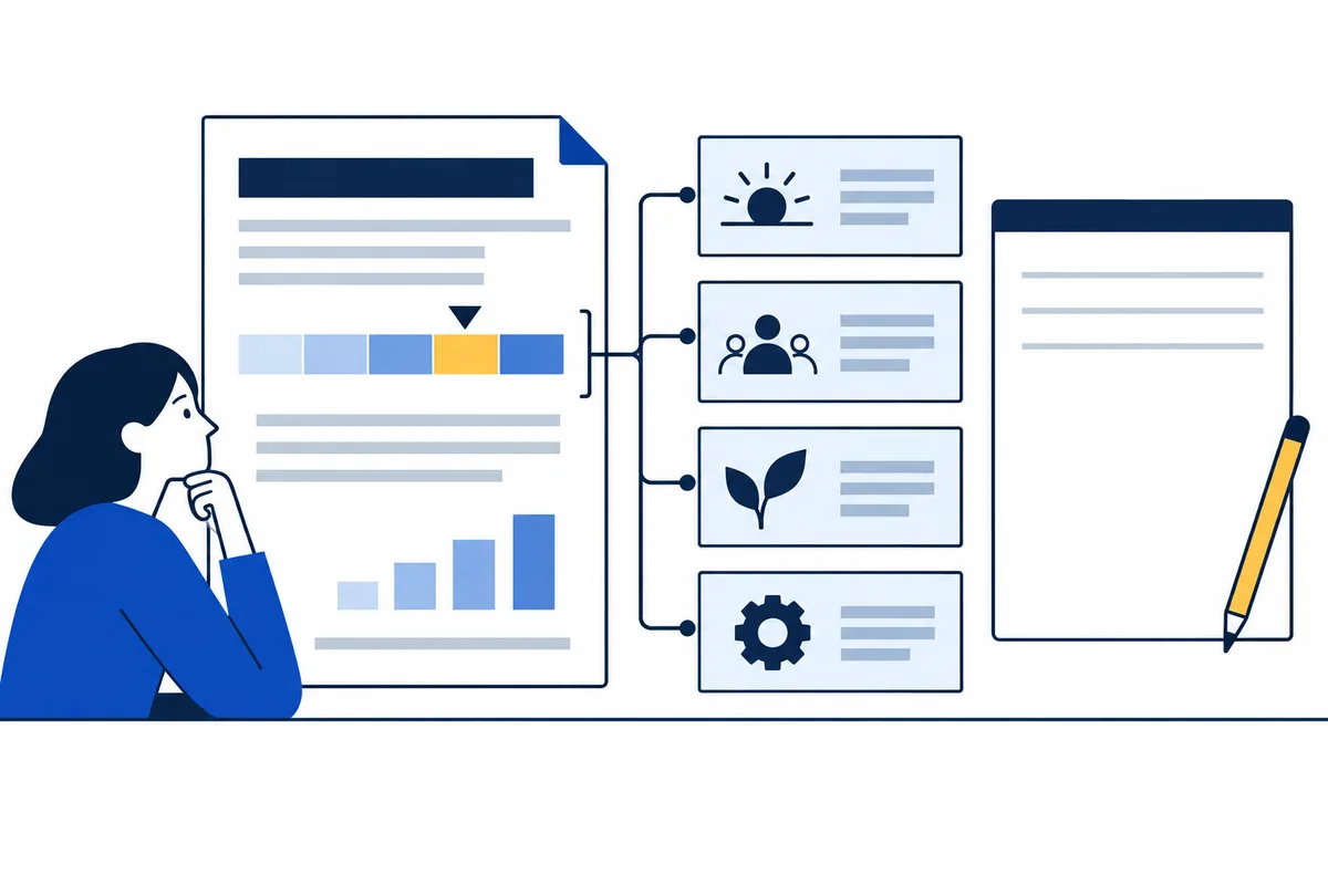 Flat illustration of a person studying a paper with colored bars and a bar chart, connected to four panels with simple sun, group, leaf, and gear symbols; a blank sheet and pencil sit beside it.