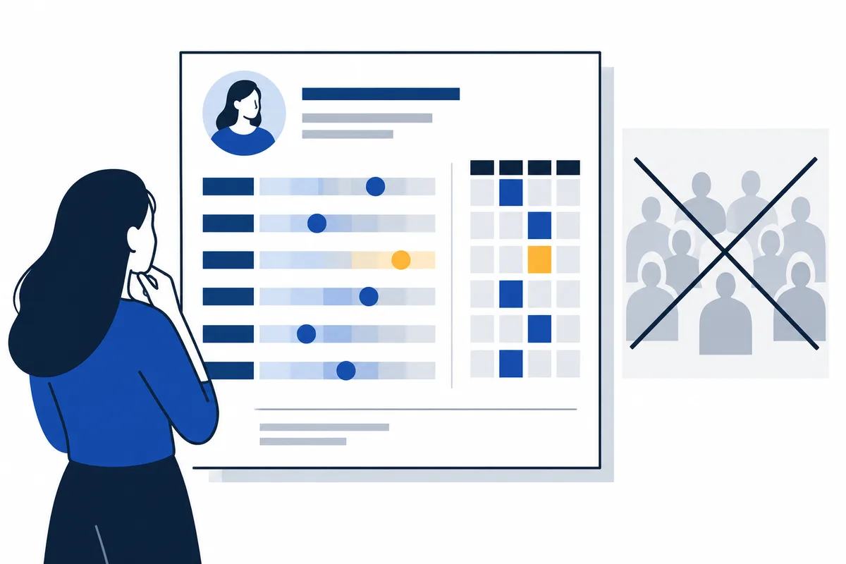 A person examines a report with horizontal blue and gray bars, colored markers, and a square grid; a separate panel shows gray group silhouettes crossed by a dark X.