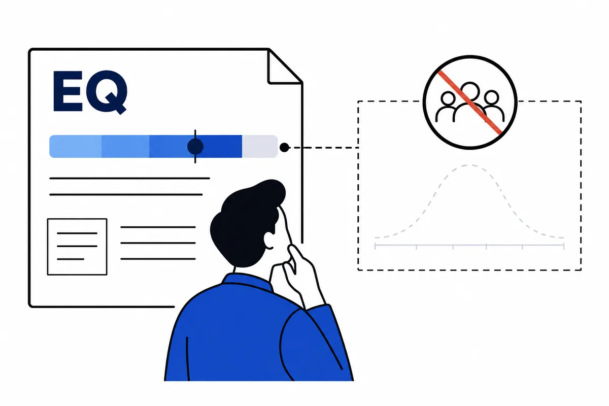 A person looks at a document marked EQ with a blue scale; a dashed connector leads to a crossed-out group icon above a faint bell-shaped line graph.
