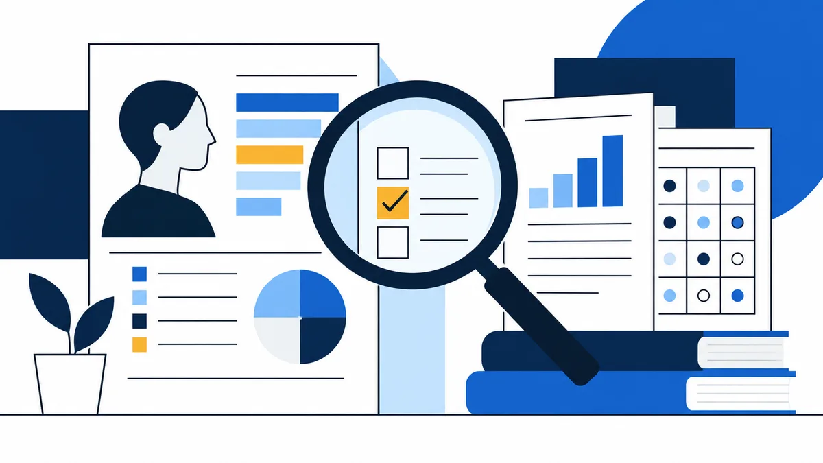 Flat illustration of a profile card with a dark human silhouette, colored bars and a pie chart, examined by a large magnifying glass over a checklist. A bar chart, grid, stacked books and a potted plant surround the documents.