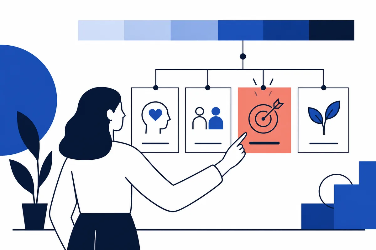 Flat illustration of a person pointing to a highlighted target card among four connected cards, with a horizontal blue color scale above.