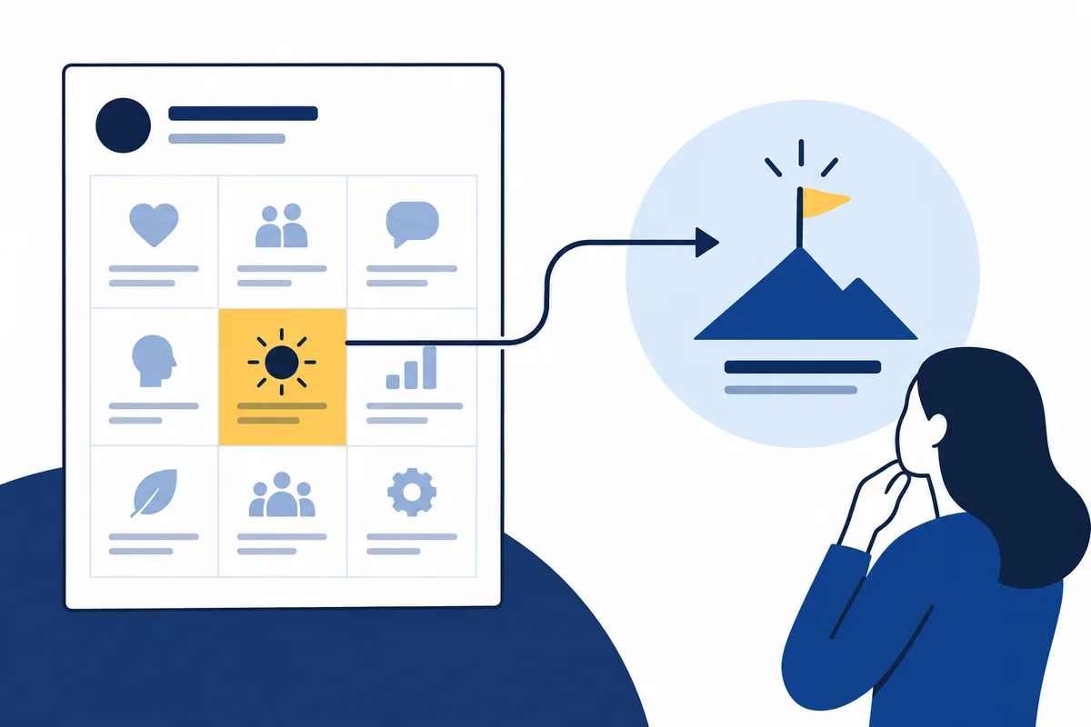 Flat illustration of a grid of icon cards with one yellow-highlighted card connected by an arrow to a mountain with a flag, beside a thoughtful person.