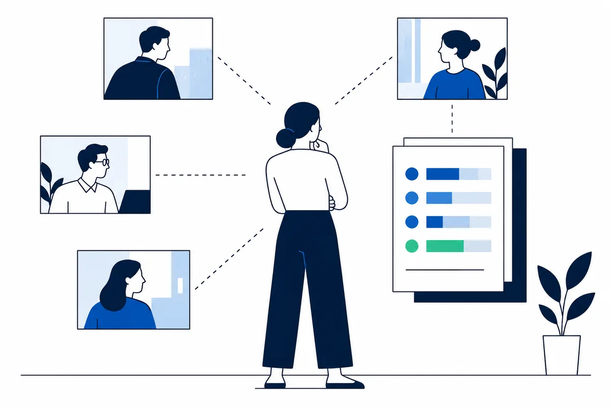A person viewed from behind is connected by dashed lines to three portrait panels and a report with colored bars.