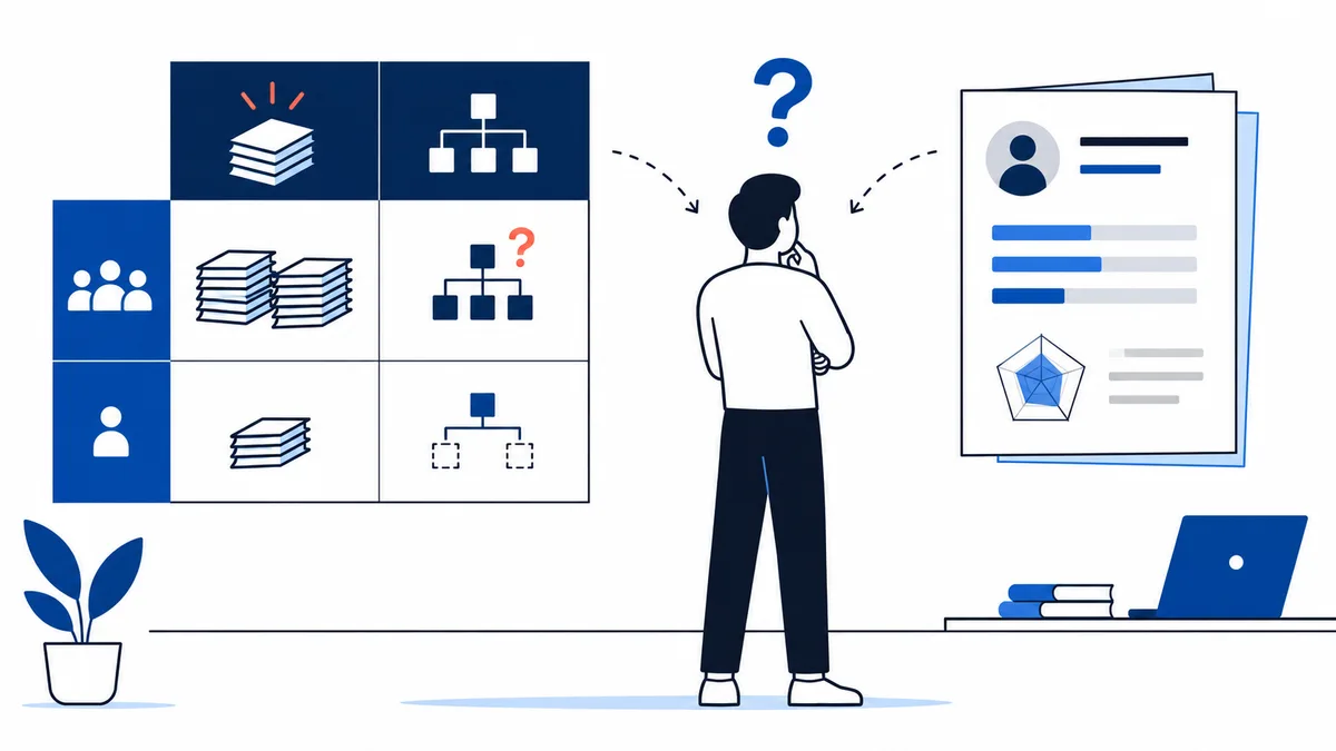 A worker considers a tense handoff beside task cards showing overlapping requests and an unresolved decision marker.