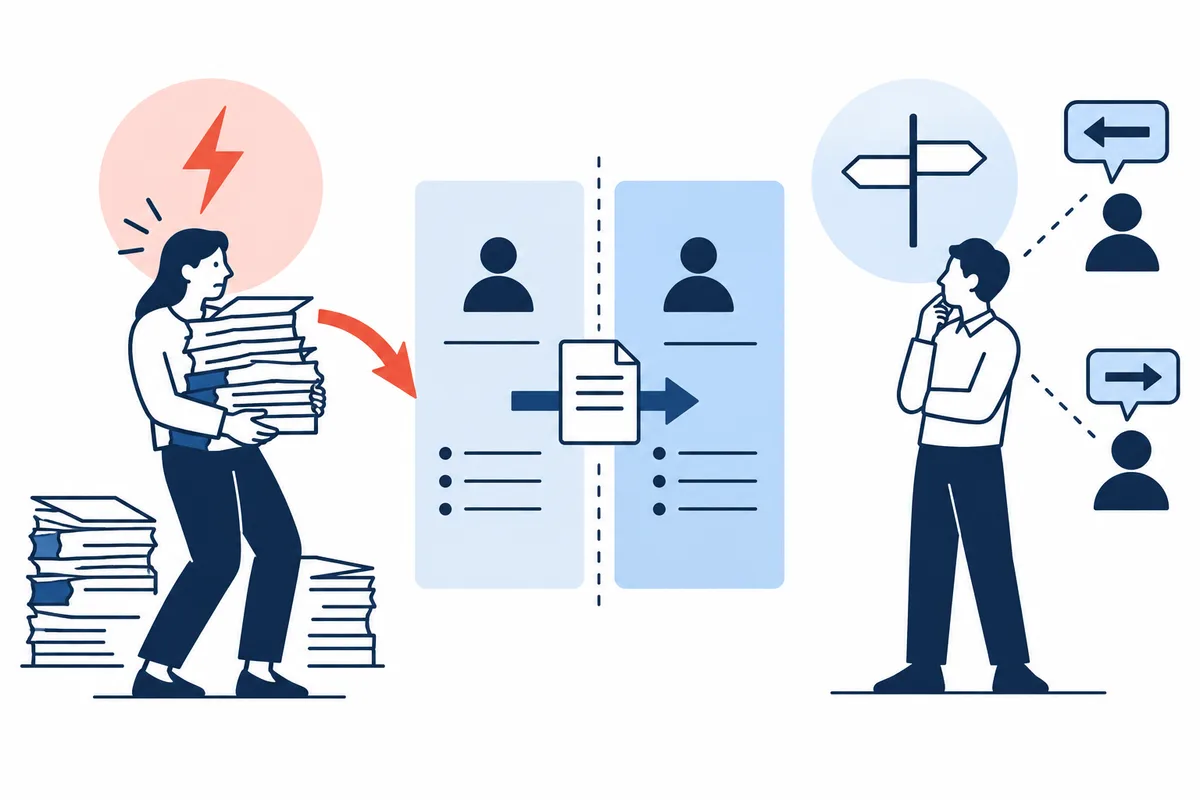 A person carrying a tall stack of papers stands beside two profile sheets; another person considers signposts and speech bubbles with opposing arrows.