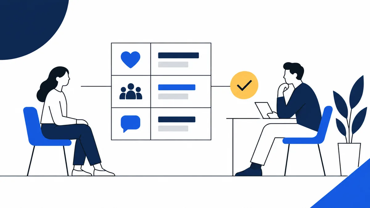 Flat illustration of two people seated across from each other, with a three-row panel of icons and bars between them and a yellow check mark nearby.