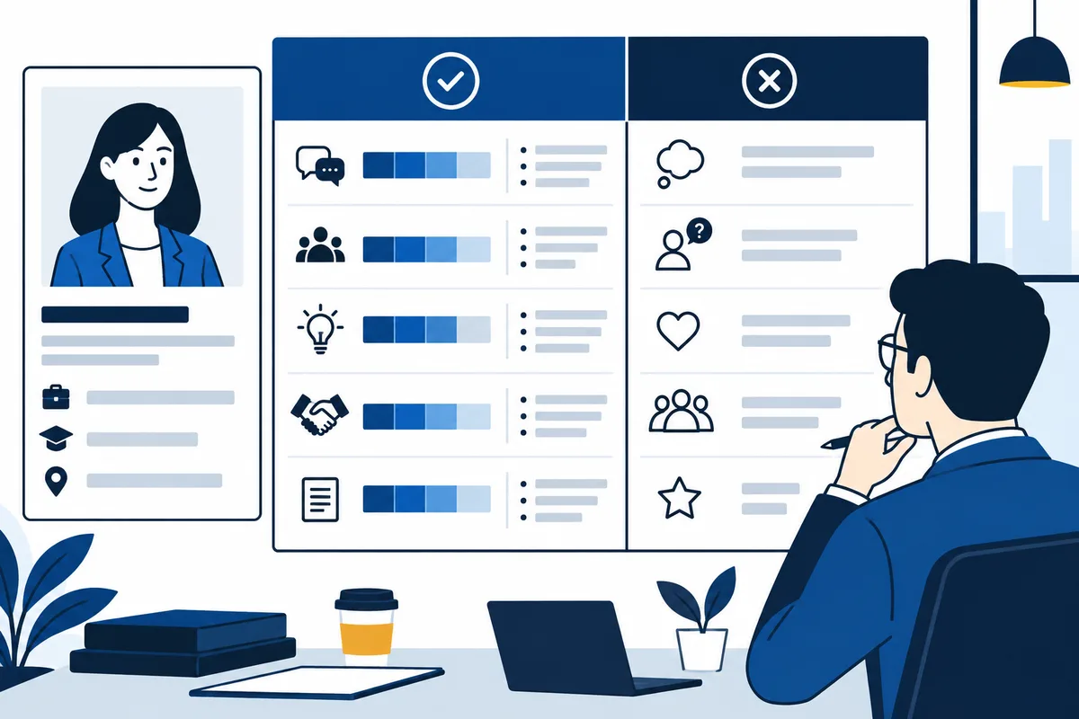 Flat illustration of a seated person viewing a large comparison board with check and cross symbols, icons, and blue bar rows; a profile card appears on the left.