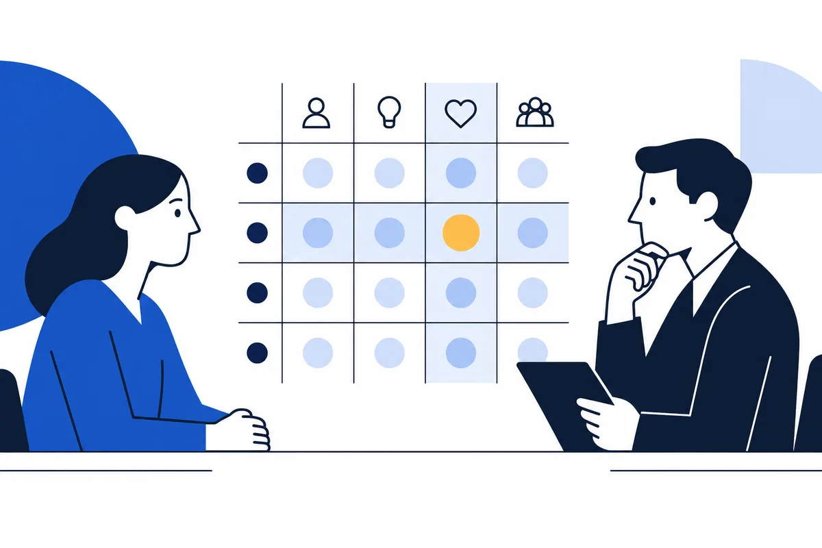 Flat illustration of two people facing a grid of circular markers beneath person, lightbulb, heart, and group icons, with one yellow marker in the grid.