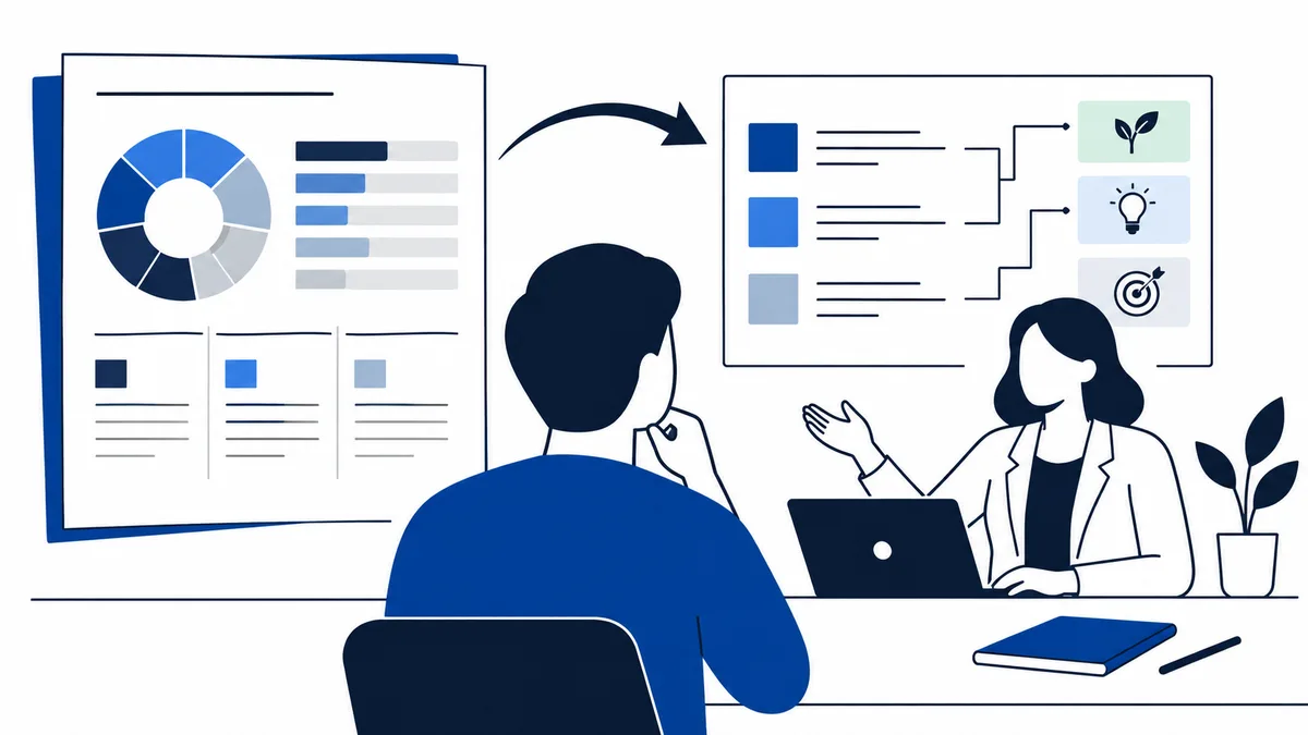 A seated person faces a gesturing person beside a laptop. A segmented circular chart and bars appear on one report page, with a branching diagram and plant, light bulb, and target icons on another.