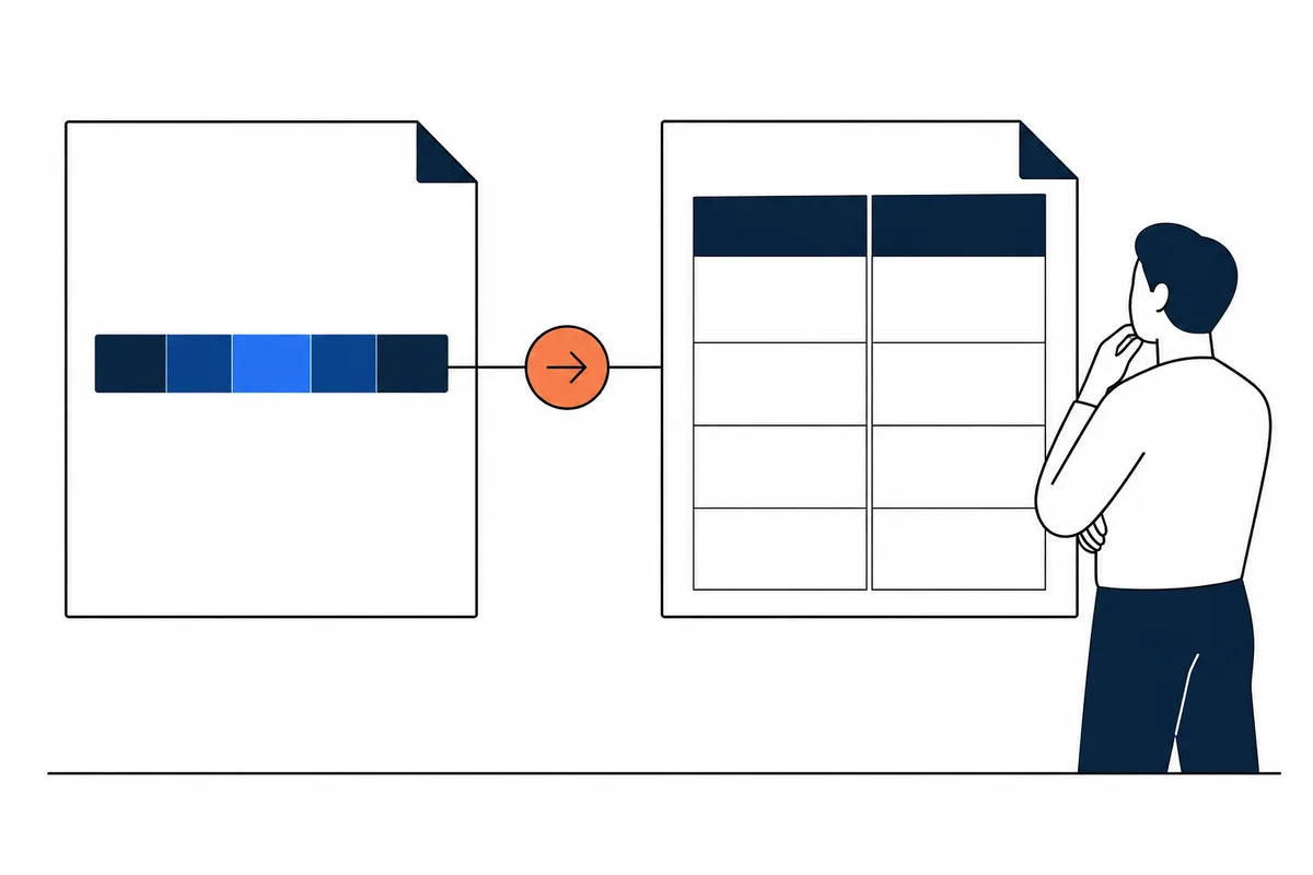 A strip of blue blocks on one page points to a blank two-column grid on another, while a person stands beside the grid with a hand at their chin.