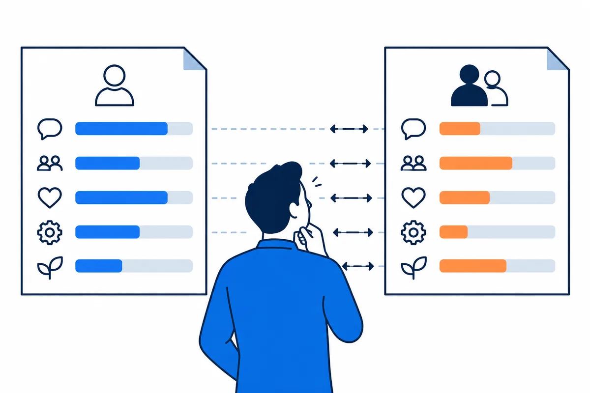 A person compares two profile sheets with blue and orange rating bars, linked by dashed lines and arrows.