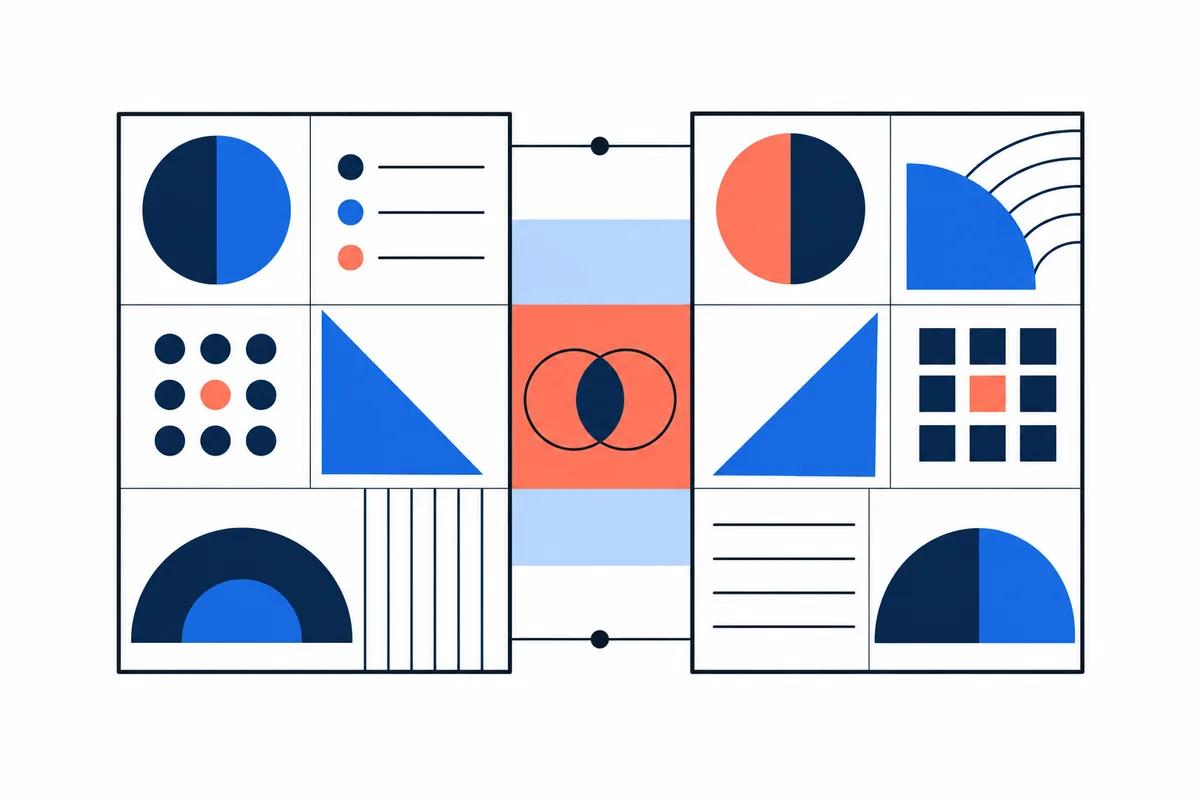 Two outlined panels of geometric shapes and lines in navy, blue, coral, and pale blue, joined by a central pair of overlapping circles.