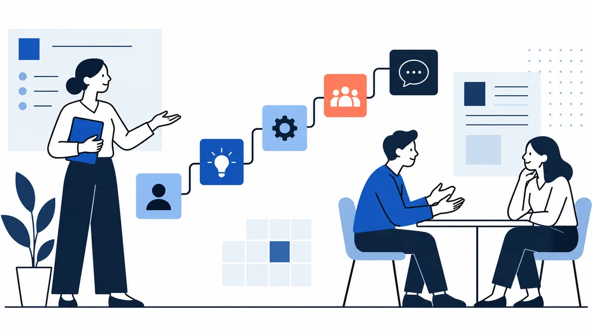 A woman holding a blue folder gestures beside a path of connected person, light bulb, gear, group, and speech bubble icons; two people talk across a table.