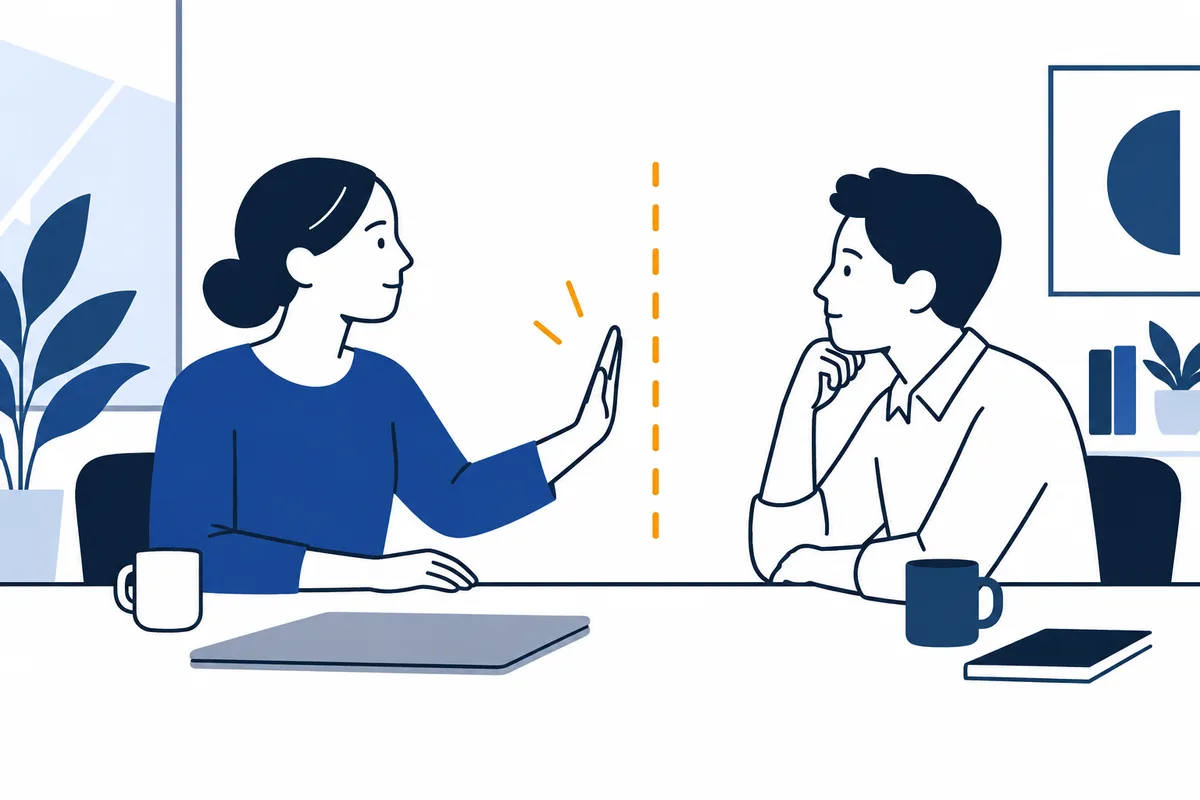 Two people sit across a desk, with a vertical dashed orange line between them. One gestures while holding a pen; the other rests a hand near her face.
