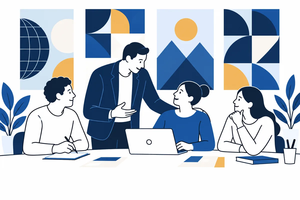 Four people sit around a table with a laptop in a bright room decorated with geometric blue and yellow wall panels and potted plants.
