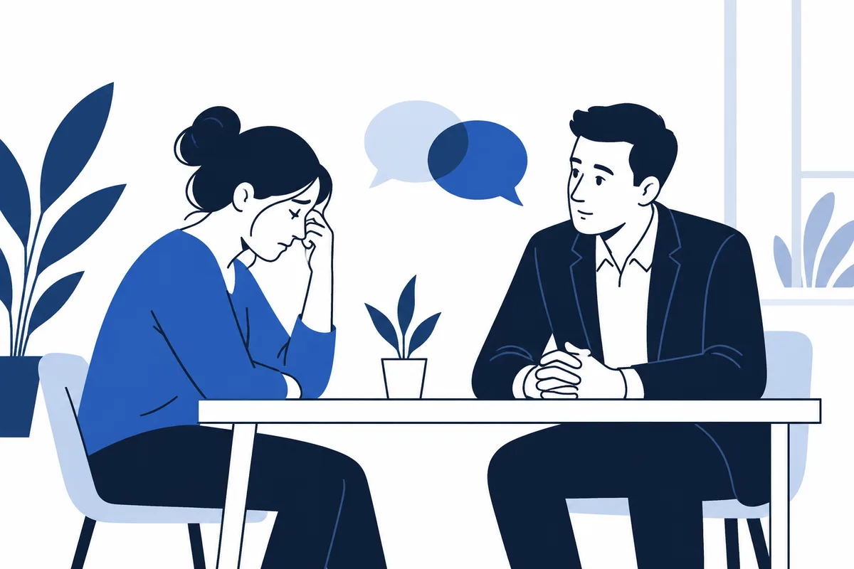 A seated woman holds her forehead across a table from a man listening with his hands clasped; two speech bubbles appear between them.