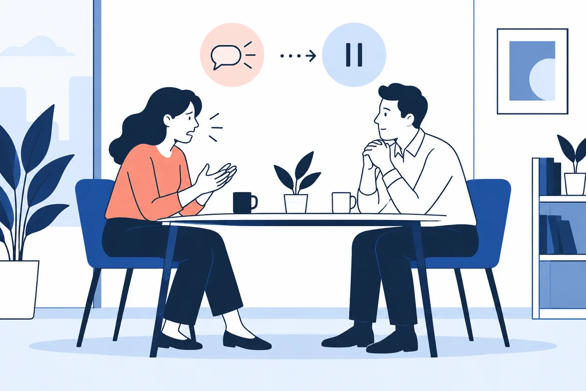 A woman gestures while speaking across a table as a man listens with clasped hands; above them, a speech bubble points toward a pause symbol.