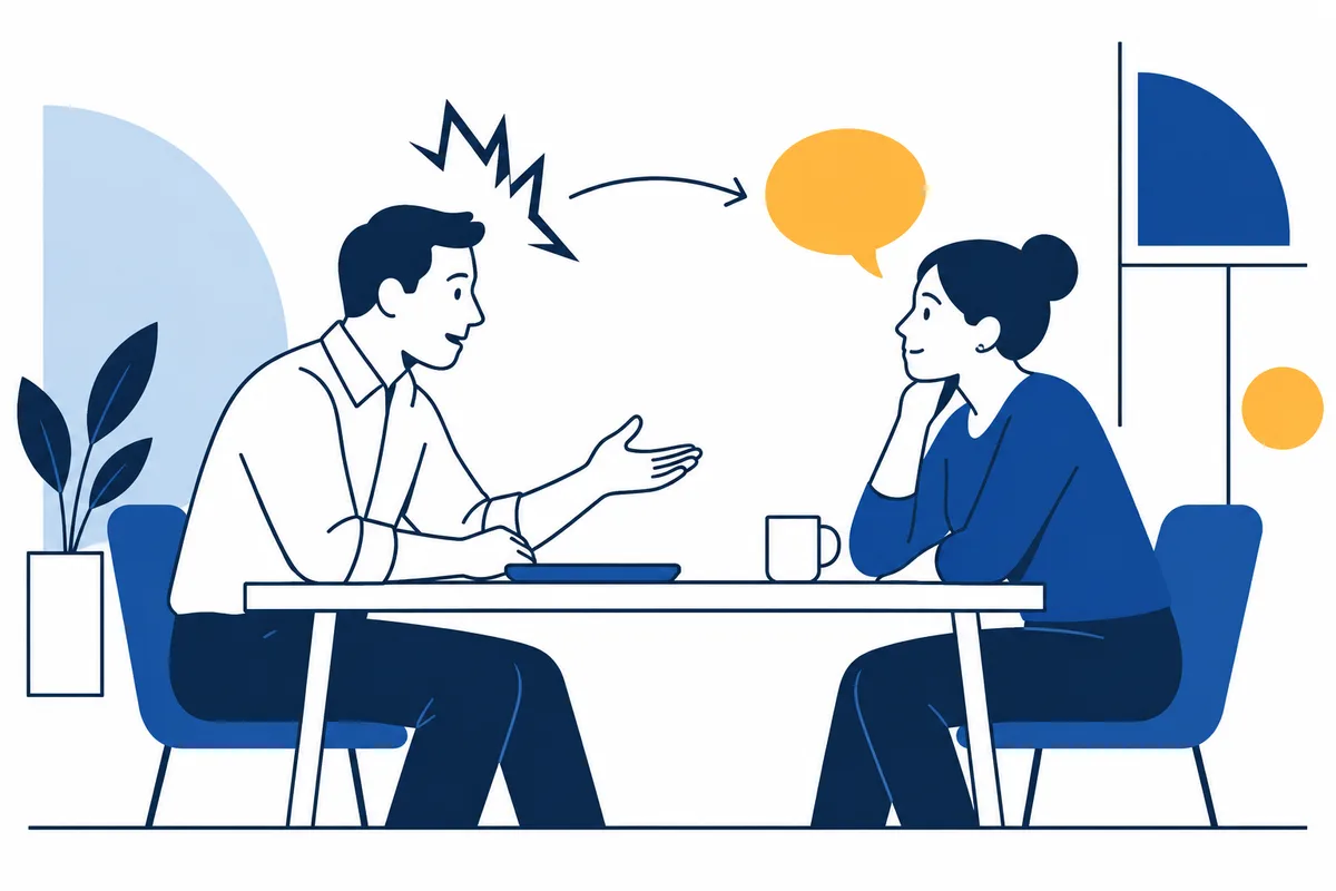 A man gestures across a table toward a seated woman; a jagged mark above him points by an arrow to a speech bubble above her.