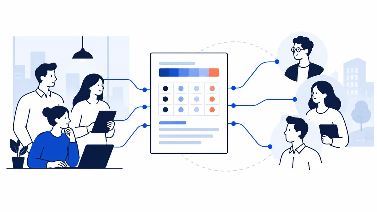Three people gathered around a laptop connect by blue lines to a report card and three individual portraits.