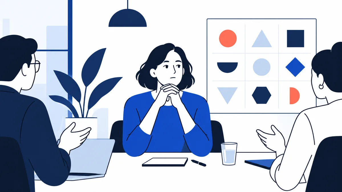 Illustration of a person seated at a table with hands clasped, between two people gesturing; a grid of colored geometric shapes hangs behind them.