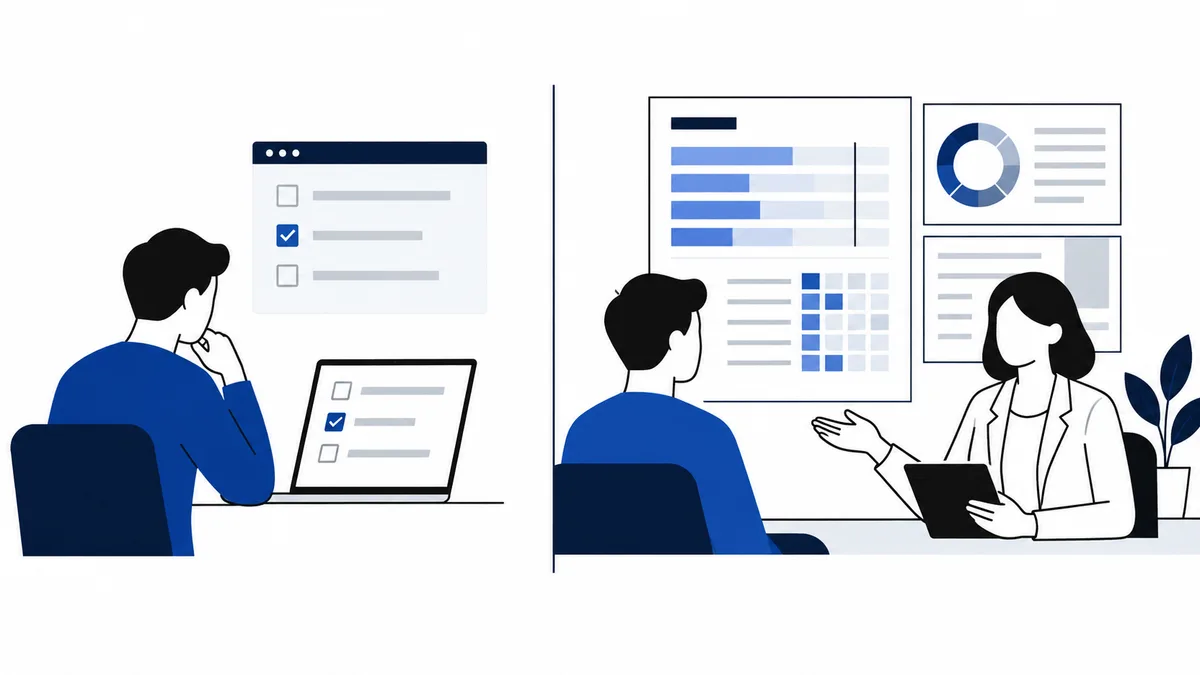 Split illustration showing a person completing a questionnaire on a laptop and two people reviewing charts, a grid, and a tablet.