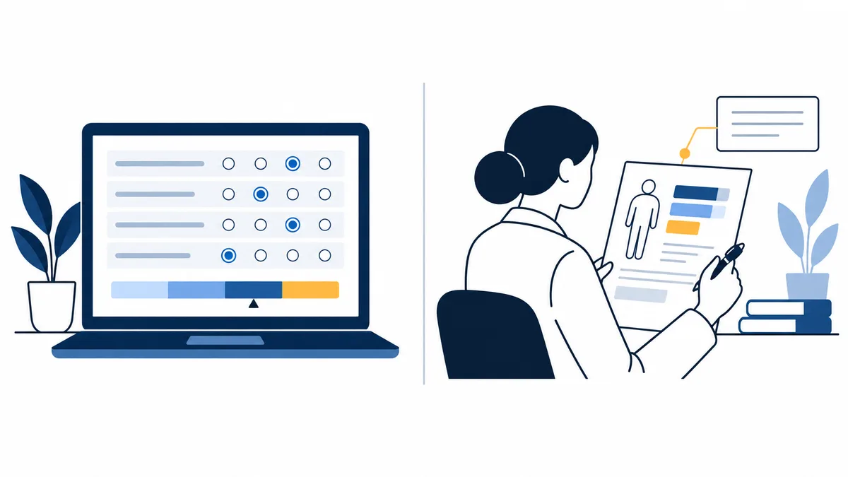 Laptop displaying rows of circular choices and a colored band beside a person reviewing a document with bars and a human outline.