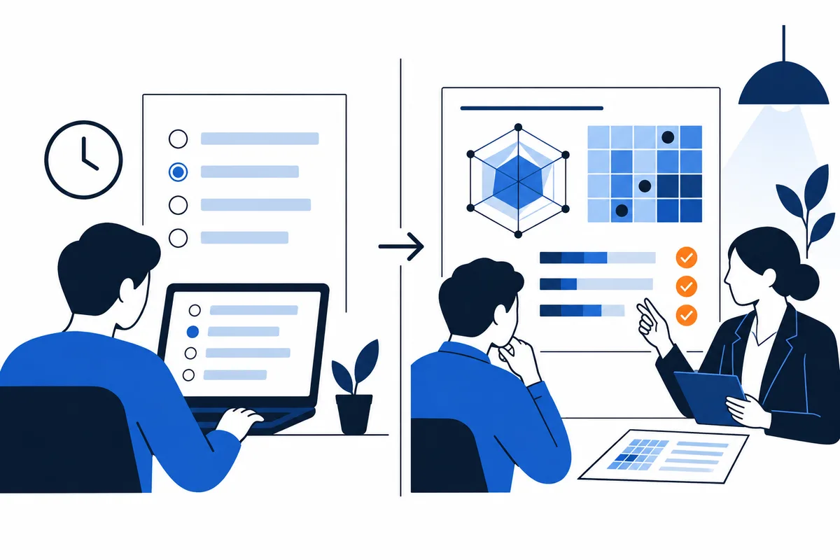 Illustration showing a person completing a questionnaire beside a clock, then another person pointing to a geometric chart, grid, bars, and checkmarks.