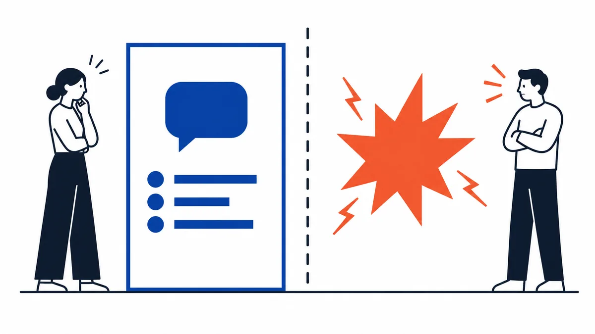 Two people stand on either side of a dashed divider; one looks toward a blue speech-and-list graphic, while an orange burst separates the other person.