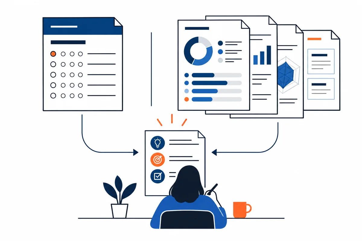 A person at a desk faces a planning sheet as arrows connect a circle form and several chart-filled reports to it.